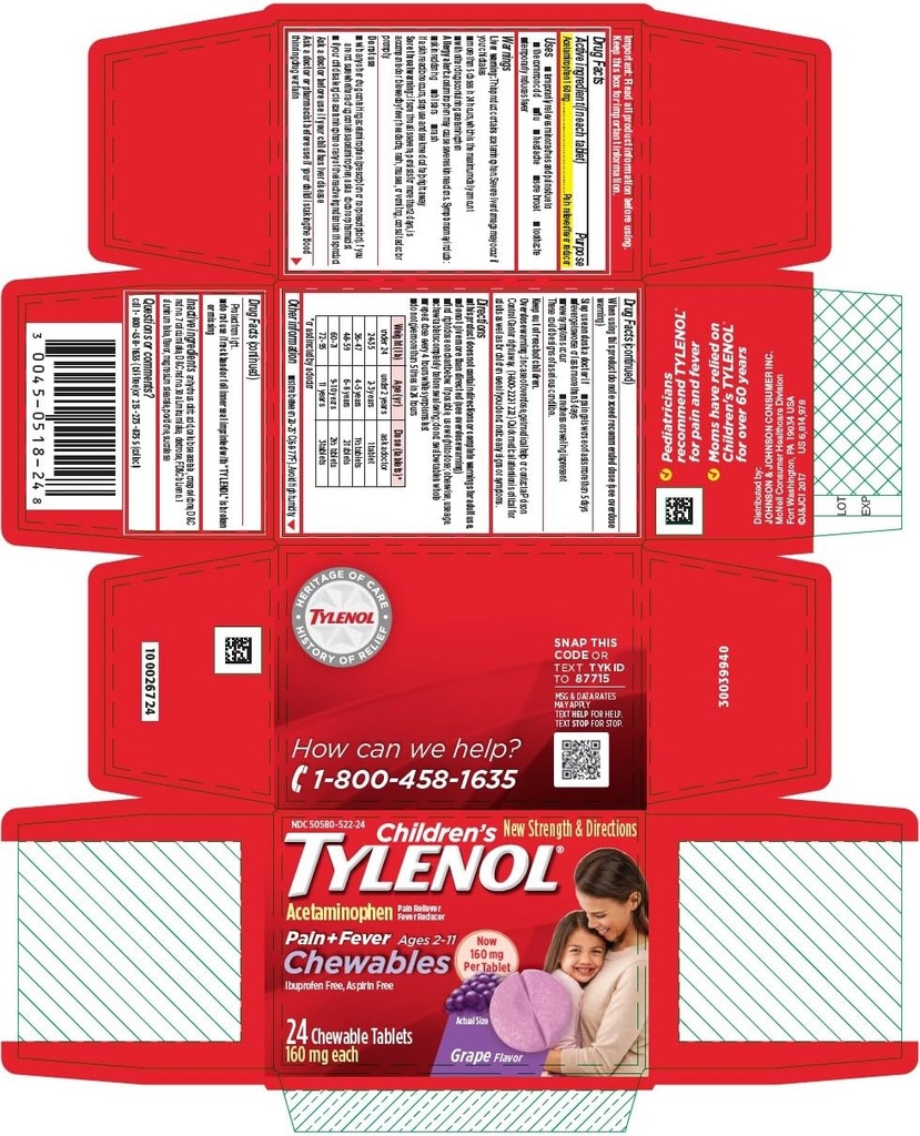 Tylenol Children 's Pain + Fever Chewable Tablets Grape Flavor - 24 ct, Pack of 4