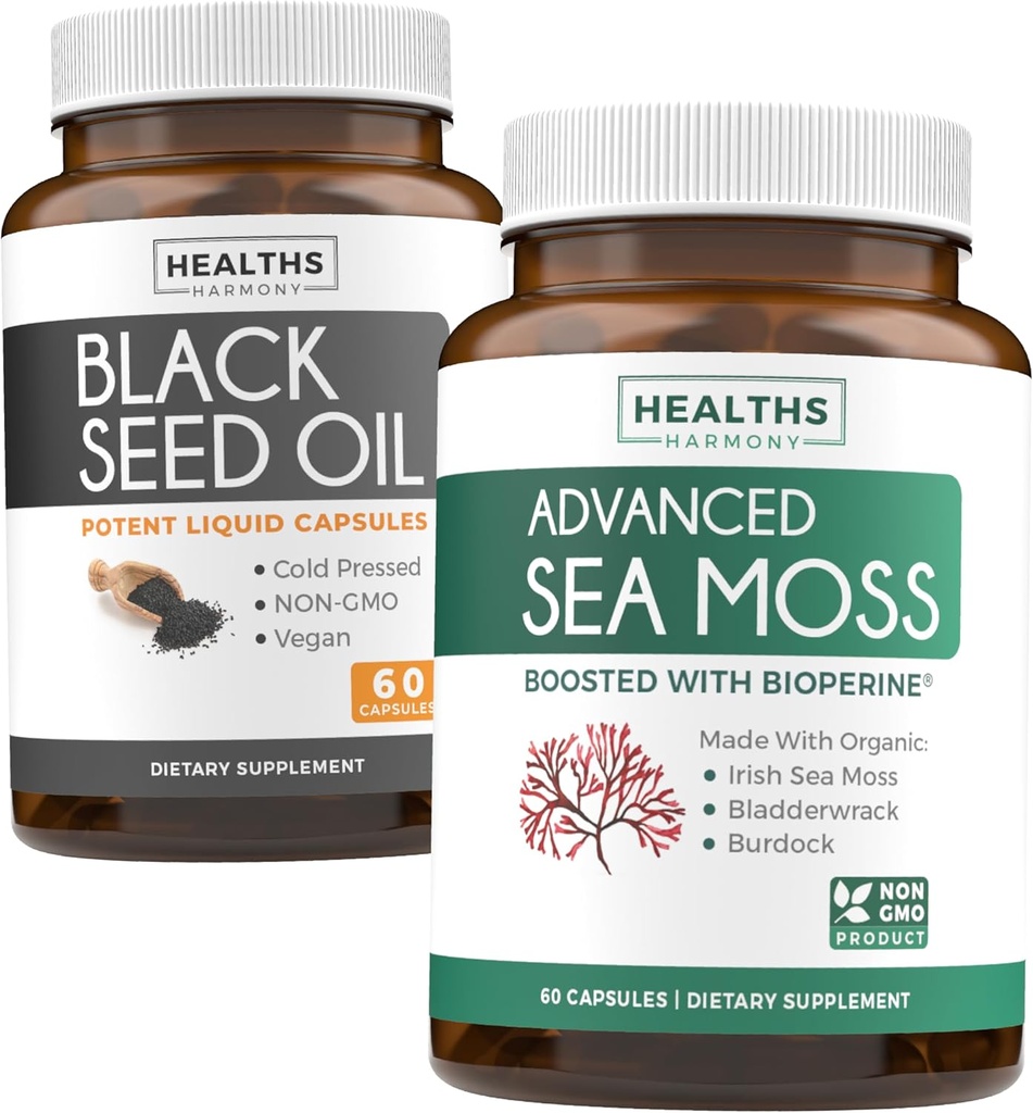 Black Seed Oil & Irish Sea Moss (1- Bulan Suply) - Wellness Duo Bundle of Black Seed Oil (60 Kapsul) Cold- Menekan Nigella Sativa & Irlandia Moss Laut (60 Capsules) dengan Bioperin dan Bladderwrack