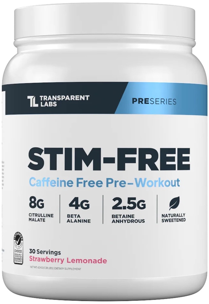 Lab Transparent Stim- Free Pre-Workout - Caffeine & Stim Free Pre Workout Powder for Men and Women with Beta Alanine Powder, Citrulline Malate, & rave ATP - 30 Servings, Strawberry Lemonade