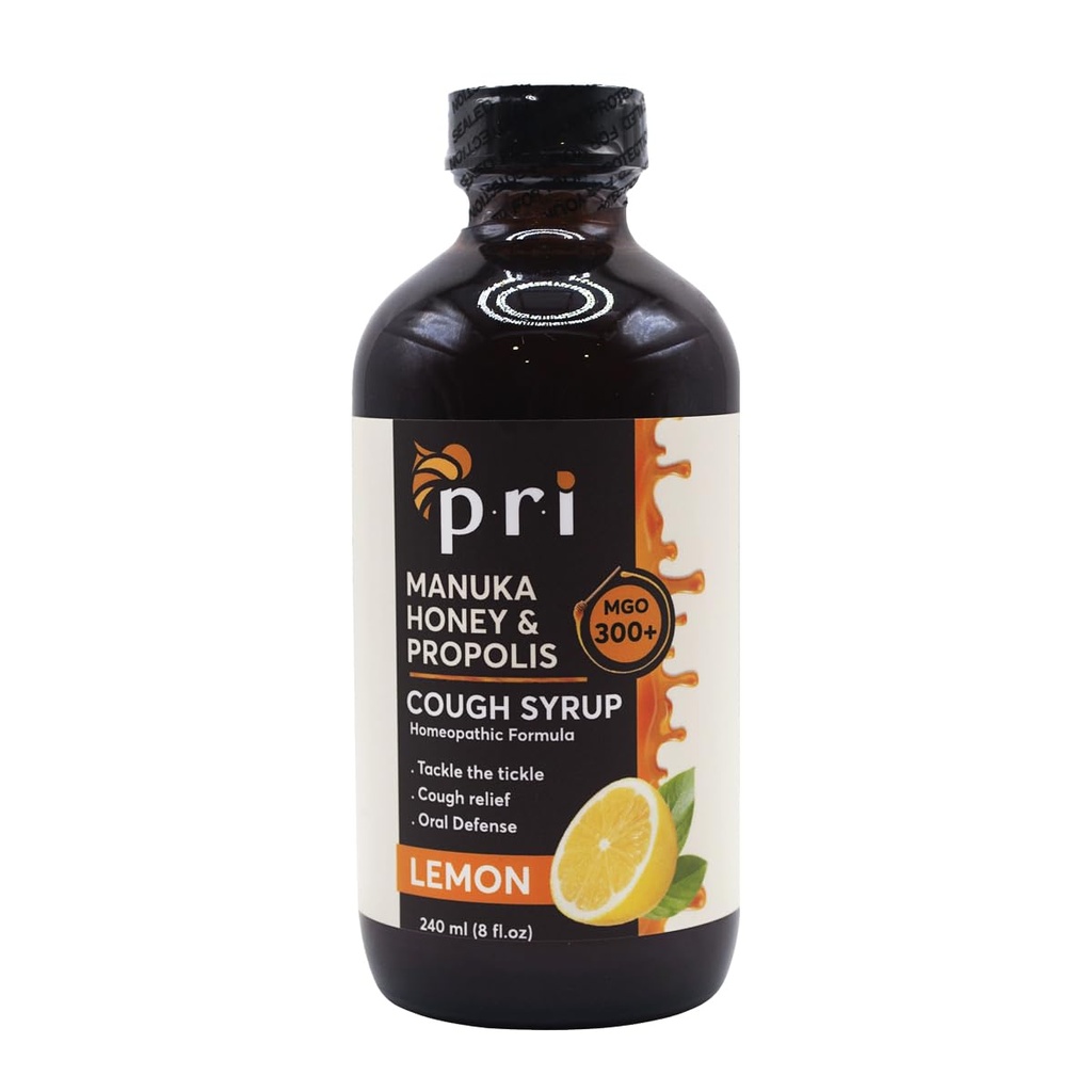 P.R.I Natural Cough Syrup dengan Manuka Honey, Propolis, Tea Tree Oil dan Vitamin C - Sore Throat & Imune Dukungan, Lemon Flavor, 8oz