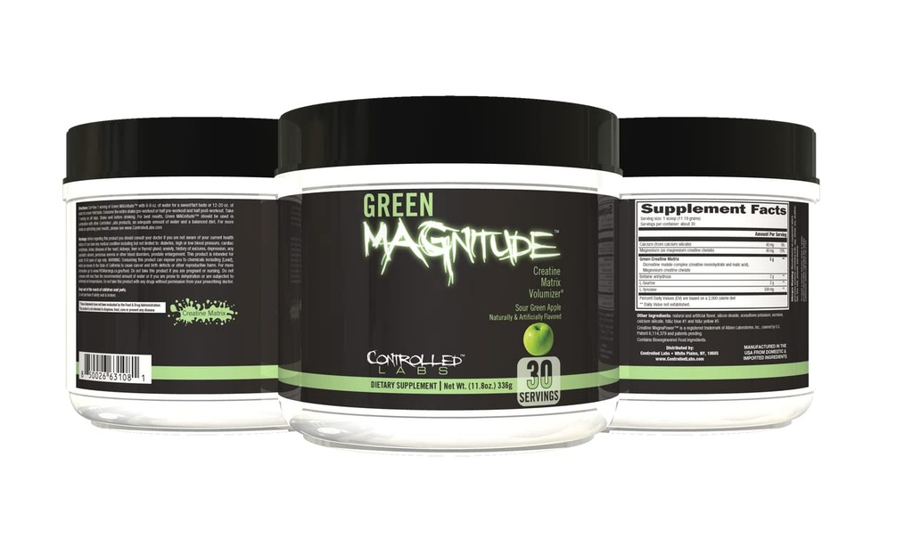 Controlled LABS Green Magnitude Suplement, Synergistic Creatine Formula Powder, Promotes Strength, Stamina, dan Performance, Sour Green Apple, 30 Servings)