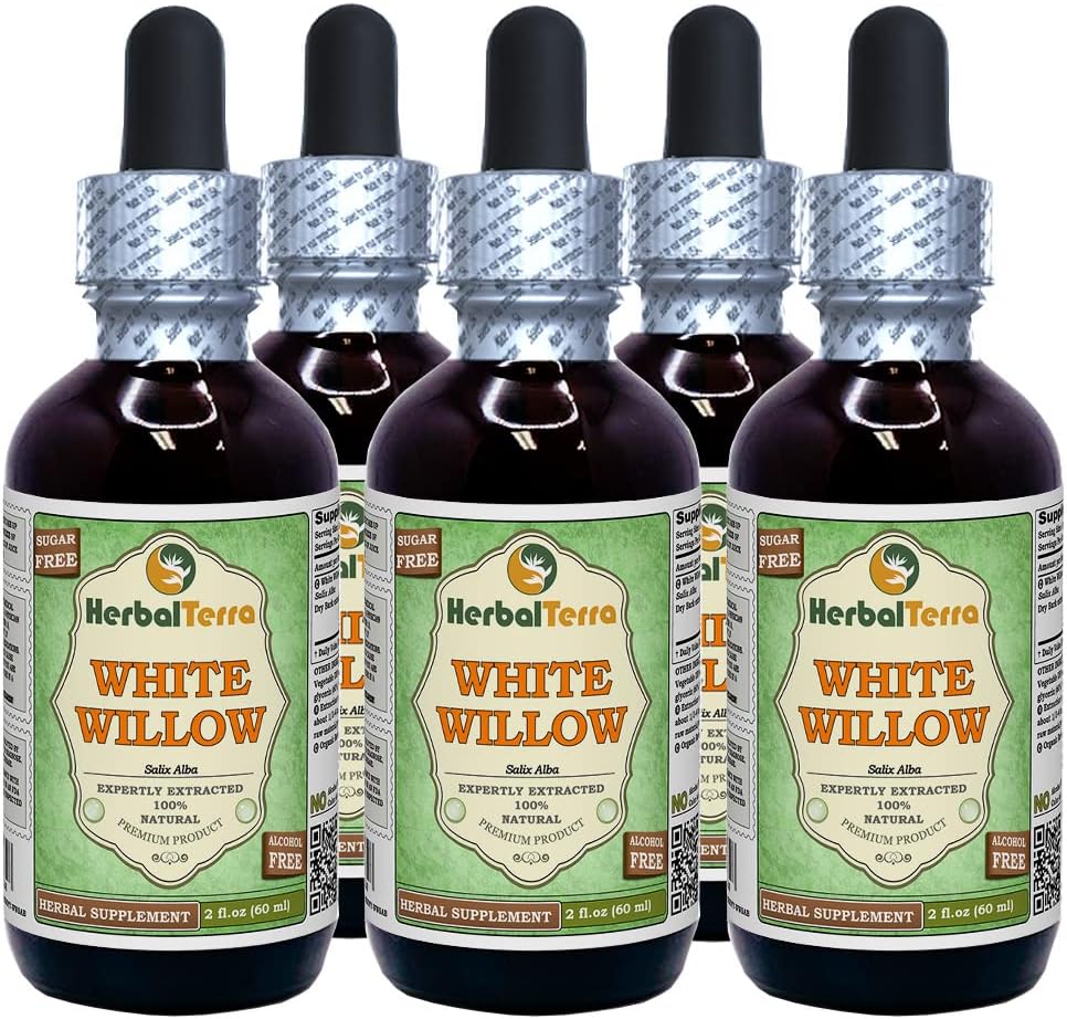 Lembah Putih (Salix Alba) Glycerite, Organic Dried Bark Alkhol- Extract Liquid Fress (Nama merek: HerbalTerra, Proughtly dibuat di Amerika Serikat) 5x2 f.oz (5x60 ml)