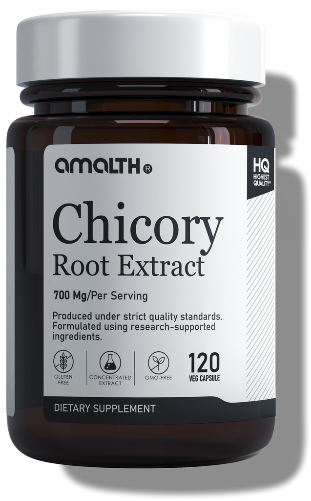 AMALTH Chicory Root Fiber Capsules 500mg - Chicory Root Powder untuk Gut Cleanse & Digetical Support - Vegan, Non-GMO Inulin Prebiotic Fiber Supplemen, 120 Caps