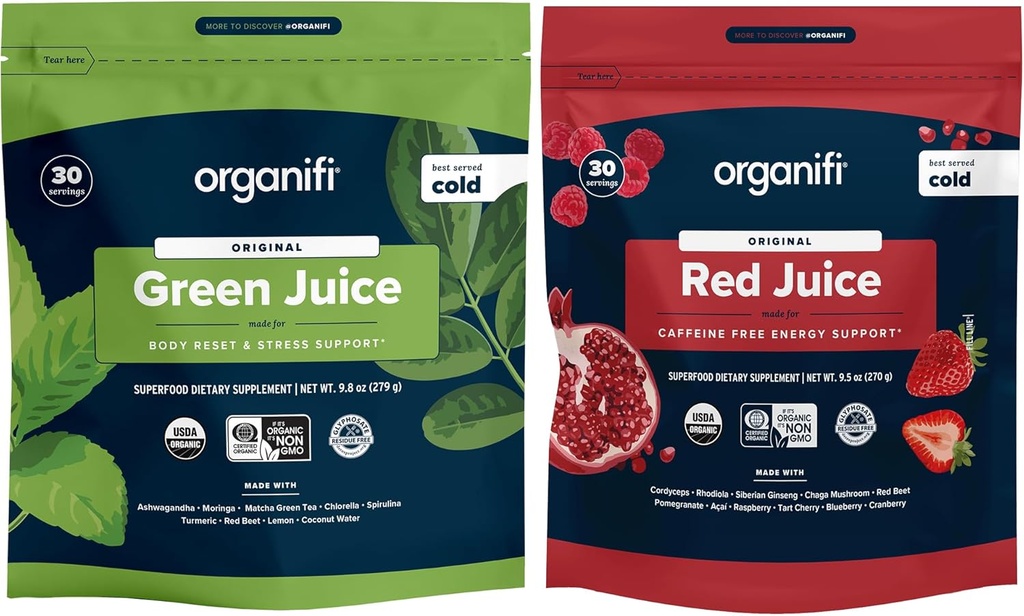 Green Juice dan Red Juice Bundle - 30 Day Suply, Menyegarkan Aduk Superfood Organik Dengan Antioksidan untuk Dukungan Energi dan Stress - Tidak ada GMO, Gluten, atau Soy