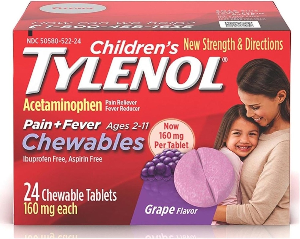 Tylenol Children 's Pain + Fever Chewables Tablet 160 mg, Grape Flavor 24 ea (3 Pack)