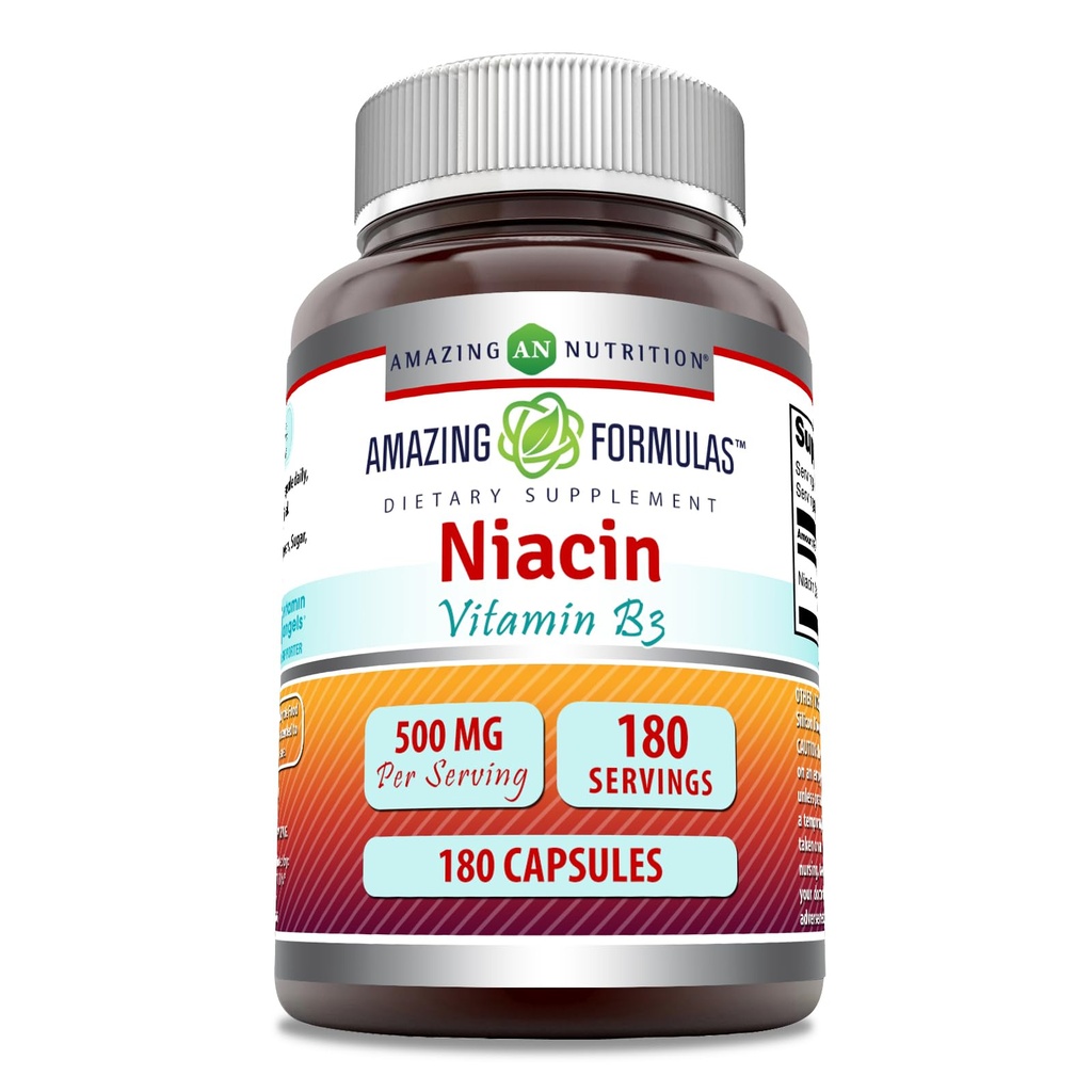 Amazing Formulas Niasin Suplemen £124; 500 Mg Per Serving 124; 180 Capsules 14; Non- GMO 124; Gluten- Free 124; Dibuat di USA