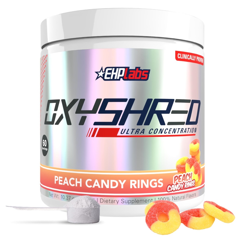 Pra Workout Powder EHP Labs OxyShred - Powder pretraining dengan L Glutamine & Acetyl Carnitine, Energy Boost Drink - Cincin Permen Peach, 60 Servis