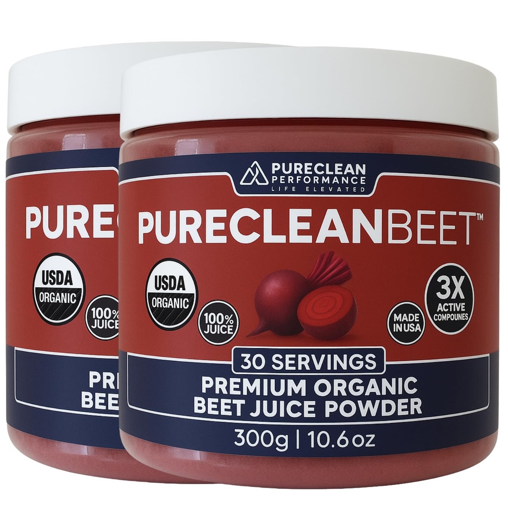 PureClean Organic Beet Juice Powder - Nitric Oxide Suplement - 100% USA Grown Beets - Organic Beet Root Quoder 30 Servings, 300g (2 Jars 60 Servings)
