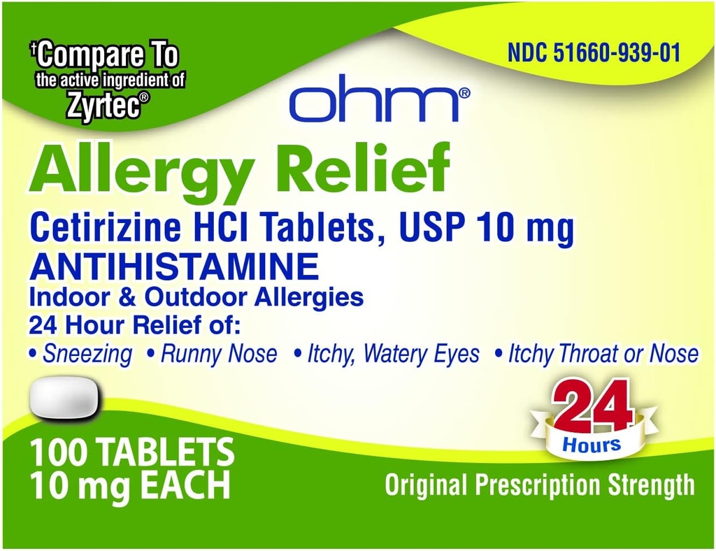 Ohm Cetirizine 10 mg Tablet - Bantuan Allergy Sepanjang Hari - 100 Count - Anti- Histamin untuk Hay Fever, Pollen, Dry Itchy Eyes - Effective Relief dari All Day Allergies