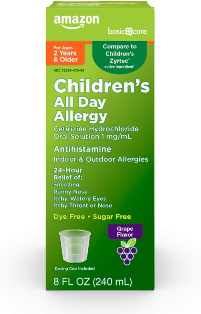 Dasar Care 24 Hour Relief for Children, Cetirizine Hydrochloride Oral Solution 1 mg / mL, Grape Flavor, Dye Free, 8 fl oz (Pack of 1)