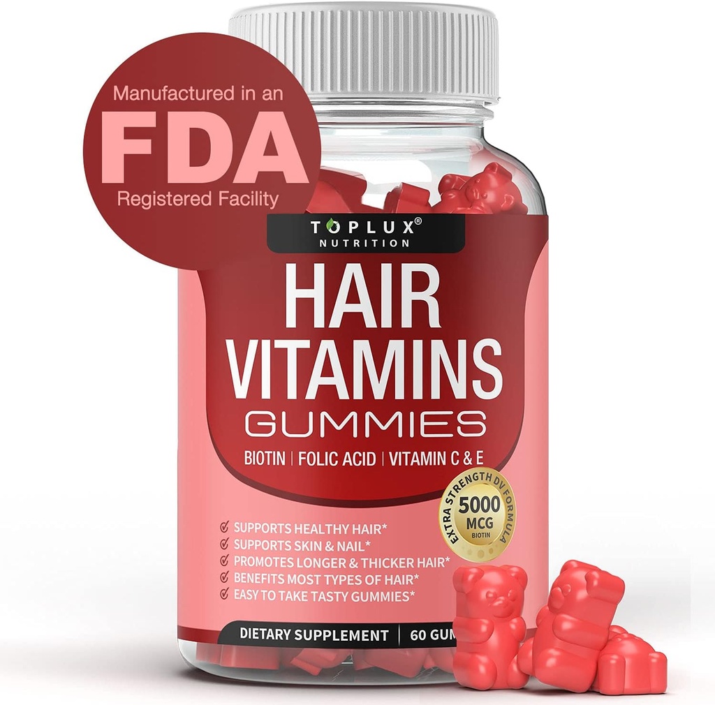Suplemen Gummin Vitamin untuk Perempuan & Pria - Perkembangan Rambut Vitamin 5000mcg Gummies, Acid Folic, Vitamin C & E, Dukung lebih kuat & tebal Rambut, Skin, Nails, bukan-GMO Vegam untuk, 60 Count