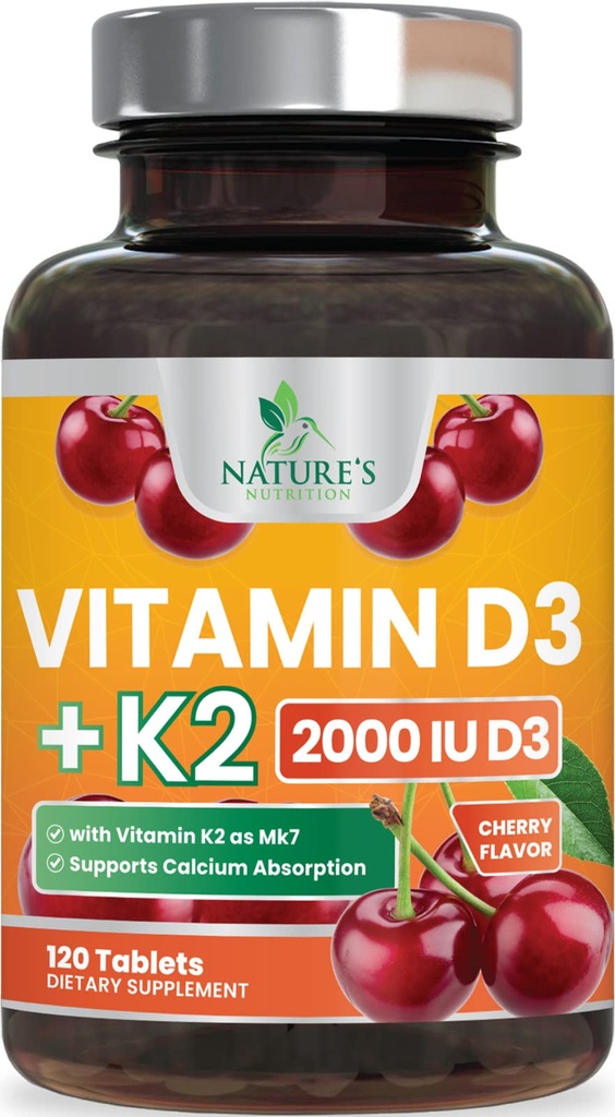 Vitamin D3 K2 2000 IU Plus dengan K2 (MK-7) 75 mcg - Vitamin Kompleks D & K untuk Formula Bone, Teeth, Muscle, Calcium Absorpsi, Mendukung Imune & Heart Health, Non-GMO Chelable Formula - 120 tablet