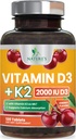 Vitamin D3 K2 2000 IU Plus dengan K2 (MK-7) 75 mcg - Vitamin Kompleks D & K untuk Formula Bone, Teeth, Muscle, Calcium Absorpsi, Mendukung Imune & Heart Health, Non-GMO Chelable Formula - 120 tablet
