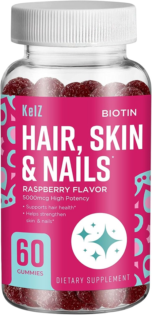 KelZ Biotin Hair, Skin & Nails Tambahan Gummies, Raspberry Flavor, 60 Count (Paket 1)