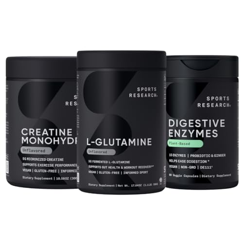 Riset Olahraga L- Glutamine (100 Pelayan), Creatine Monohydrate (60 Servings) dan Digetical Enzymes dengan Progories & Ginger (90 Pelayan) - Semua Non-GMO Diverifikasi, Vegan & Gluten Bebas