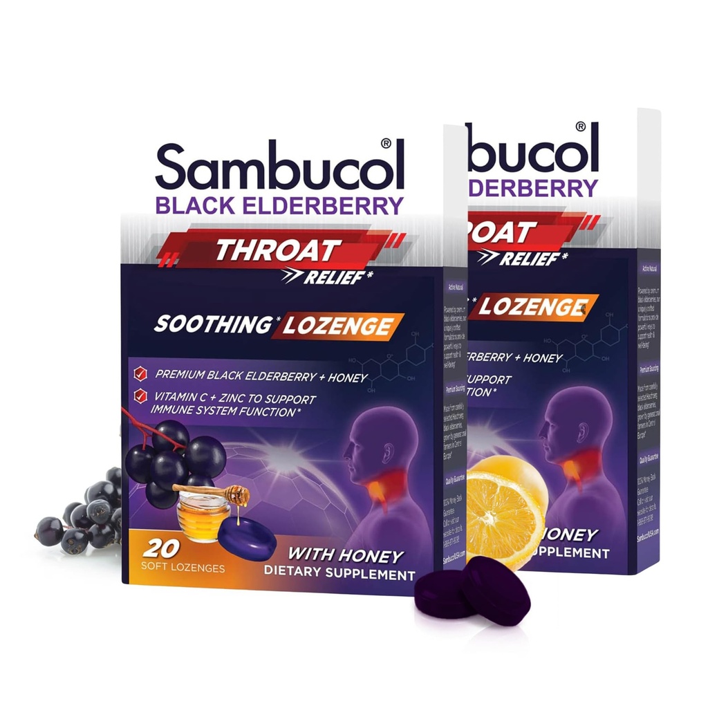 Sambucol Black Elderberry Throat Lozenge - bersama Honey, Vitamin C & Zinc, Elderberry Lozenges Sore Throat & Cough, Soothes Scratchy Throat, Supports Immunity, Soft & Chewy - 20 Count, 2-Pack