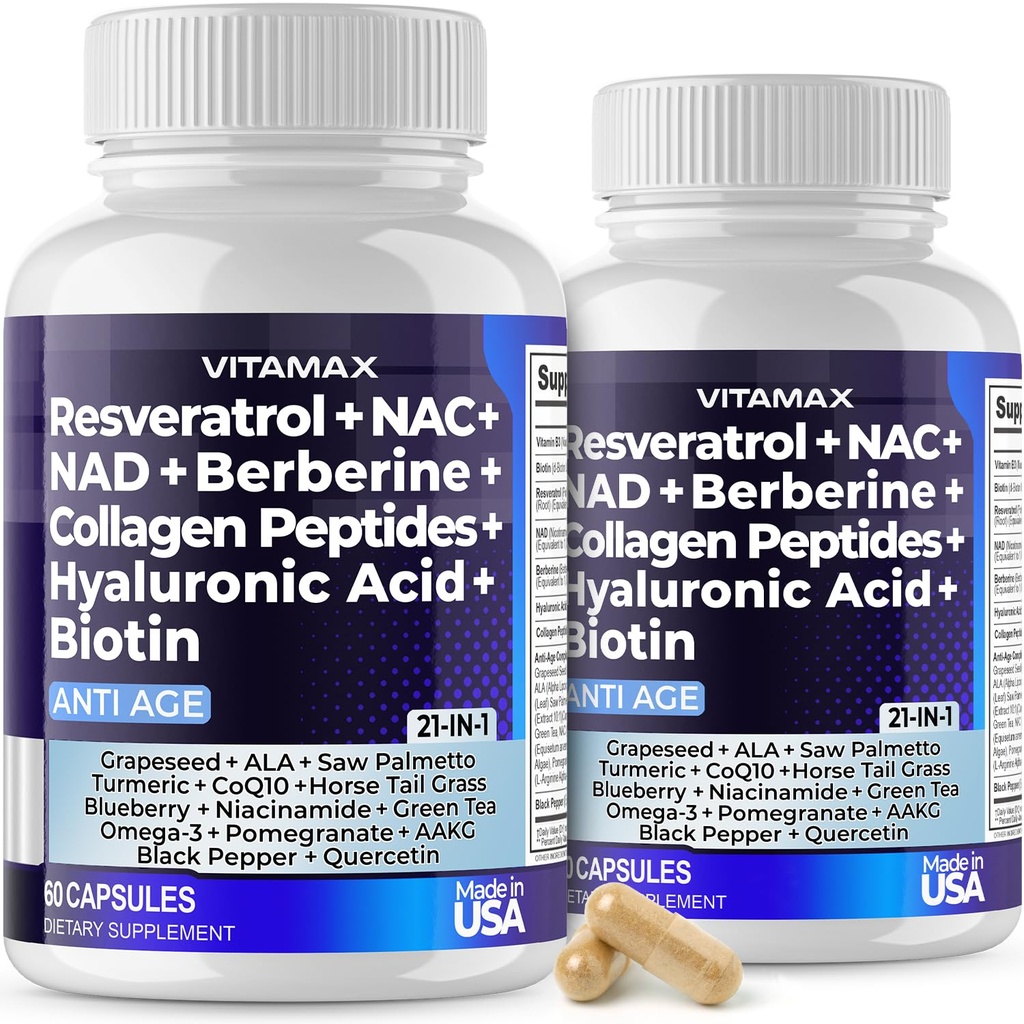 Vitamax Resveratrol NAD + Berberine Hyaluronic Acid - Biotin Grape & Blueberry + NAC - Collagen Peptides - Rambut, Nail, Skin & Joint Supplemen - 21- 1 Perempuan dan Pria - Dibuat di AS - 120 Count