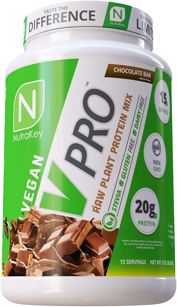 NutraKey V-Pro, Bubuk Protein Raw, Organik, Vegan, Karb Rendah, Gluten Bebas dengan 20g Protein (Chocolate) 2- Pound