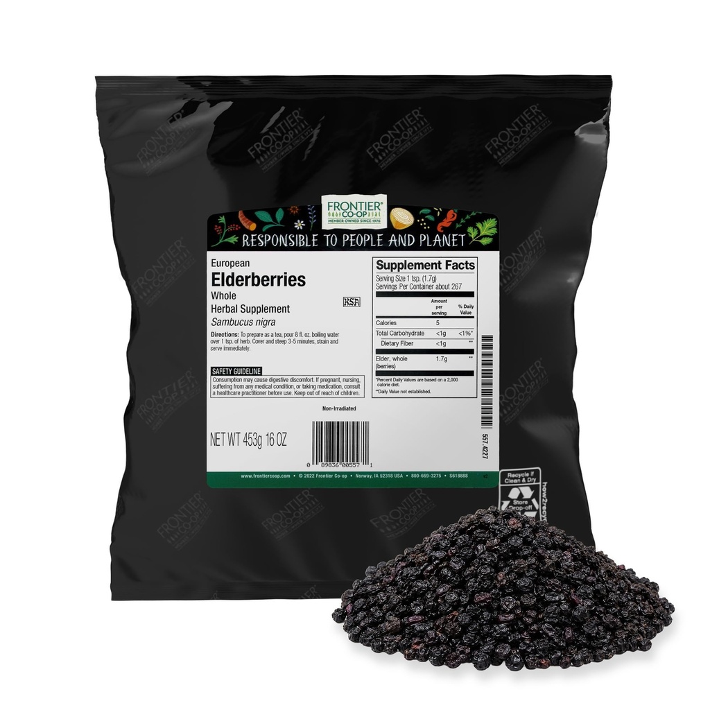 Frontier Co-op Dry Elderberry, 2lb Bulk Bag, Whole Berry - Kosher dan Non-GMO Dried Fruit for Elderberry Powder, Tea and Syrup