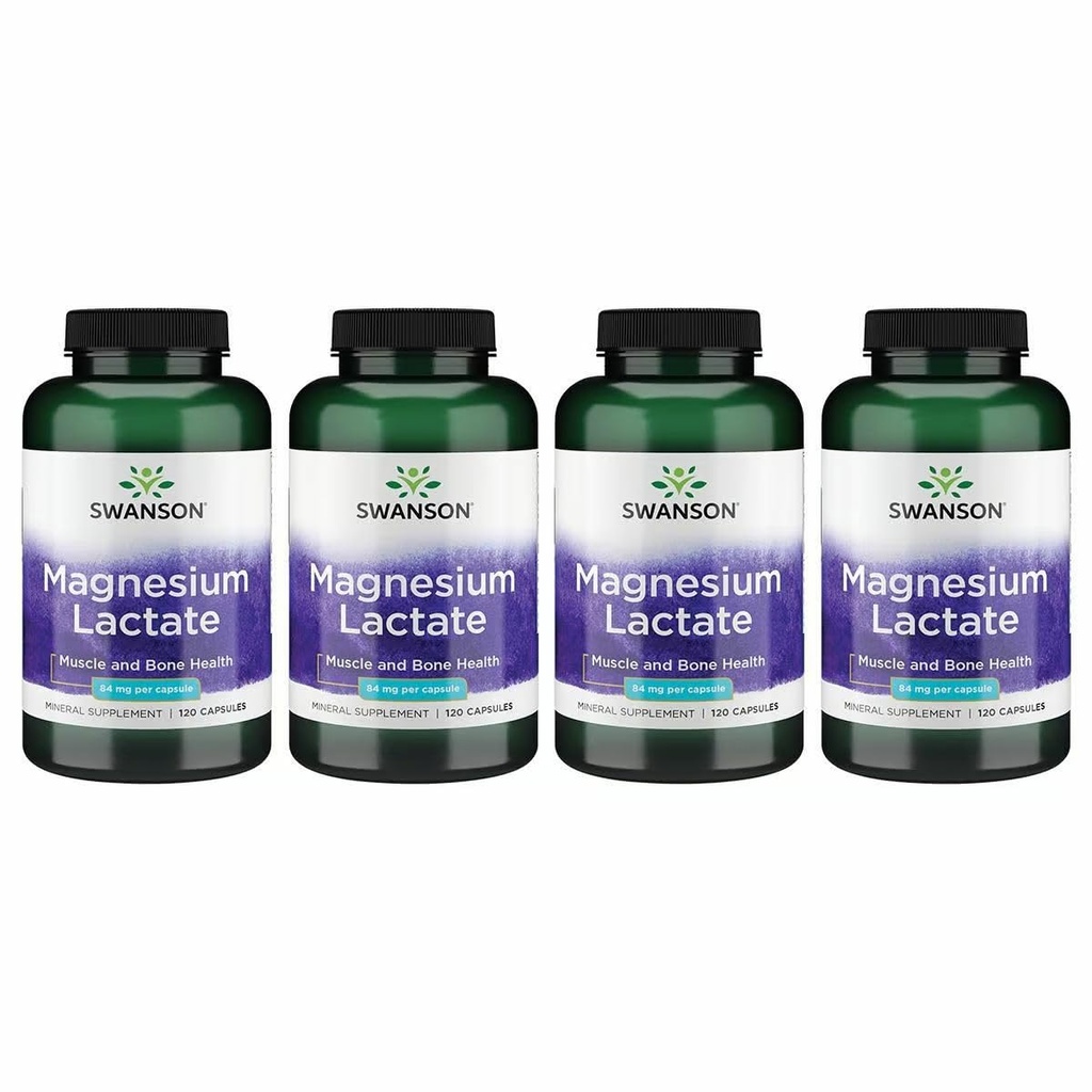 Swanson Magnesium Lactate - Mineral Suplemen Memproyeksikan Muscle and Bone Health Support - Lactoe- Free Lactate Mineral Form (120 Capsules, 84mg Masing-masing) 4 Pack