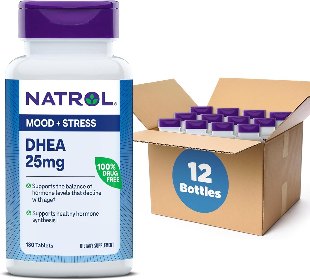 Natrol Mood & Stress DHEA 25mg dengan Calcium, Tambahan Dieter untuk Keseimbangan Tingkat Hormone Tertentu dan Dukungan Mood, 180 Tablet, 180 Hari Supply (Paket 12)