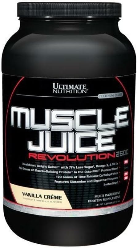 Ultimate Nutrition Juice Revolution 2600 Weight Gainer, Muscle Recovery dengan Glutamine, Mibasement Casein, Time Rilis Kompleks Carbohydrates, Vanilla Protein Powder, 4.69 Pounds