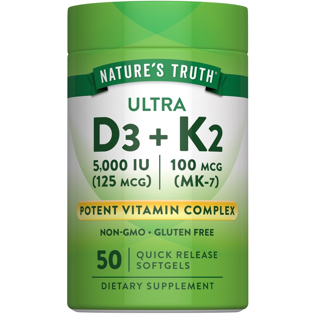 Kebenaran Alam Vitamin K2 MK7 Kompleks 124; 100 mcg 124; 50 Softgels 124; dengan D3 124; Non-GMO & Gluten Free Suplemen