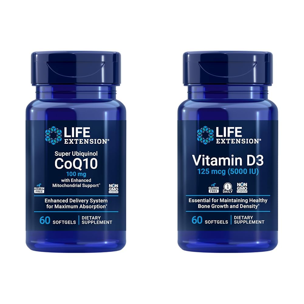 Ekstensi Hidup Super Ubiquinol CoQ10 dengan dukungan Enhanced Mitokondria & Vitamin D3 125 mcg (5000 IU), Bone Health