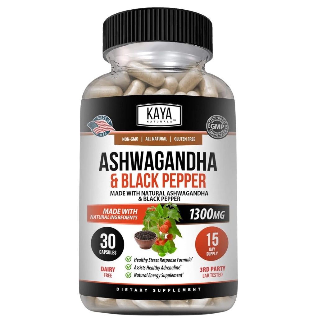 Akar Ashwagandha Kaya dengan Black Pepper 124; Kekuatan Maksimum 1300 mg Tambahan Adaptogen, Dukung Adrenal, Kesehatan Glandular, Bantuan Mood, Fokus, Energi & Vitalitas untuk Pria & Perempuan