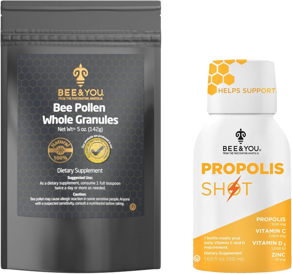 Bee and You Propolis Shot 12 Bottles and Bee Pollen Bundle, Natural Suplemen, Bee Propolis, Antioksidants, Protein, Vitamin, Amino Acids, untuk Dewasa, Perempuan, Me