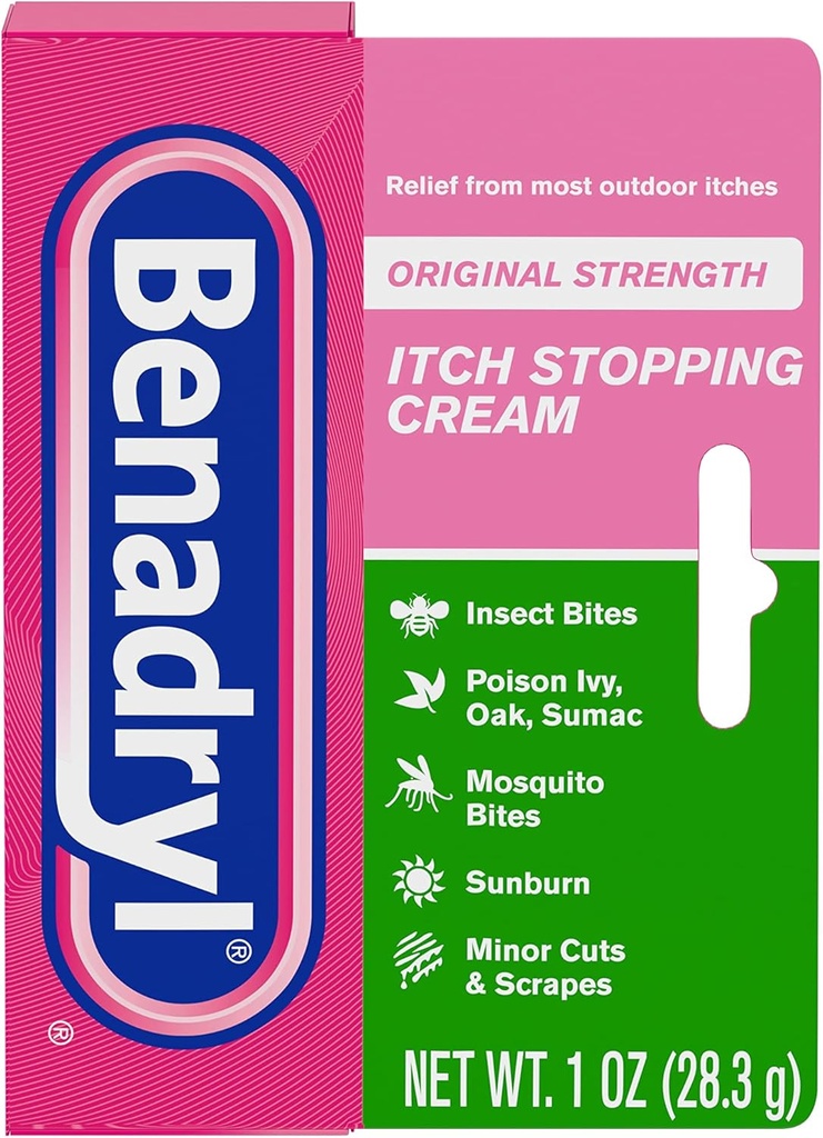 Benadryl Asli Itch Menghentikan Anti- Itch Cream, Diphenhydramine HCl Topical Analgesic & Zinc Acetate Skin Protectant, Bantuan dari Most Outdoor Itches, 1 oz (Paket 6)