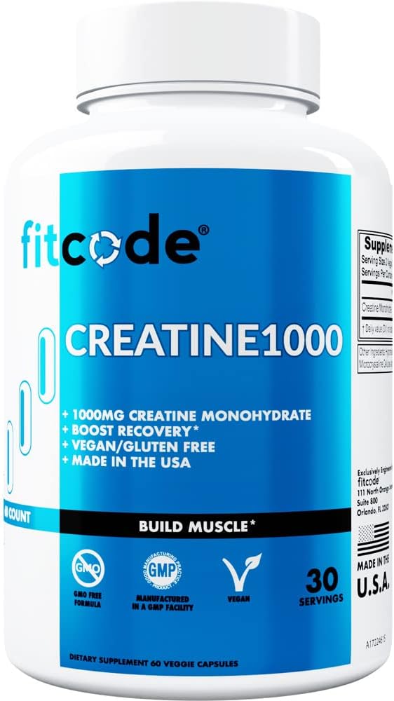 fitcode Creatine1000, 1 Gram of Pure Creatine Monohydrate in Each Serving, Veggie Capsules (30 Servis)