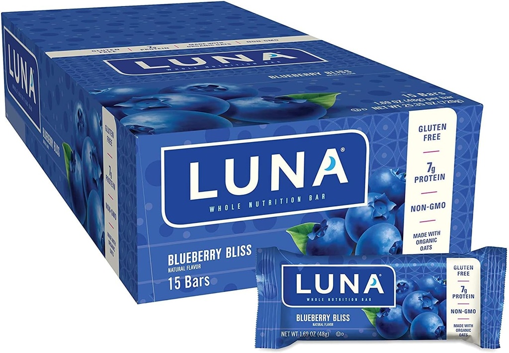 LUNA BAR-Gluten Free Snack Bars - Blueberry Bliss Flavor - 7g protein - Non-GMO - Plant - Based Whelesome Snacking - On the Go Snacks (1.69 Ounce Snack Bars, 15 Count)
