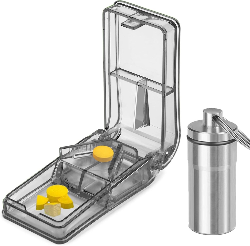 JohnBee Pill Cutter 124; Best Pill Cutter untuk Small or Large Pills 124; Dirancang dalam The USA 124; Potongan Vitamin 124; Pill Splitter dengan Perisai 124; Termasuk Keychain Pill Holder (Gray)