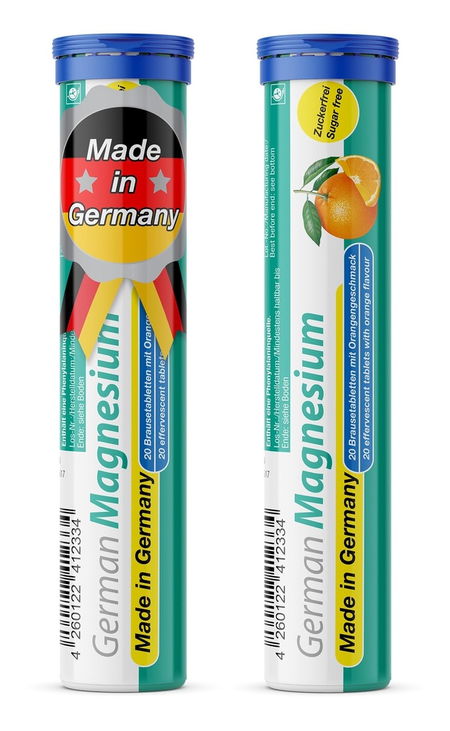 Suplemen Magnesium Oxide Jerman: 124; Tablet Effervescent: 124; Oranye Flavor - 200 mg Magnesium per Serving 124; Gula Bebas, Vegan - T & D Pharma - Dibuat di Jerman