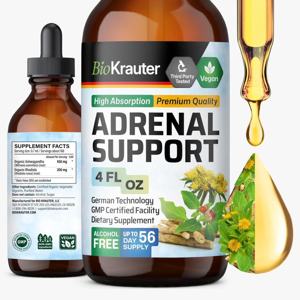 BIO KRAUTER Adrenal Dukung Pengaruh - Rhodiola & Ashwagandha Suplemen - Dukungan Mood Vegan Menjatuhkan 4 Fl.Oz.