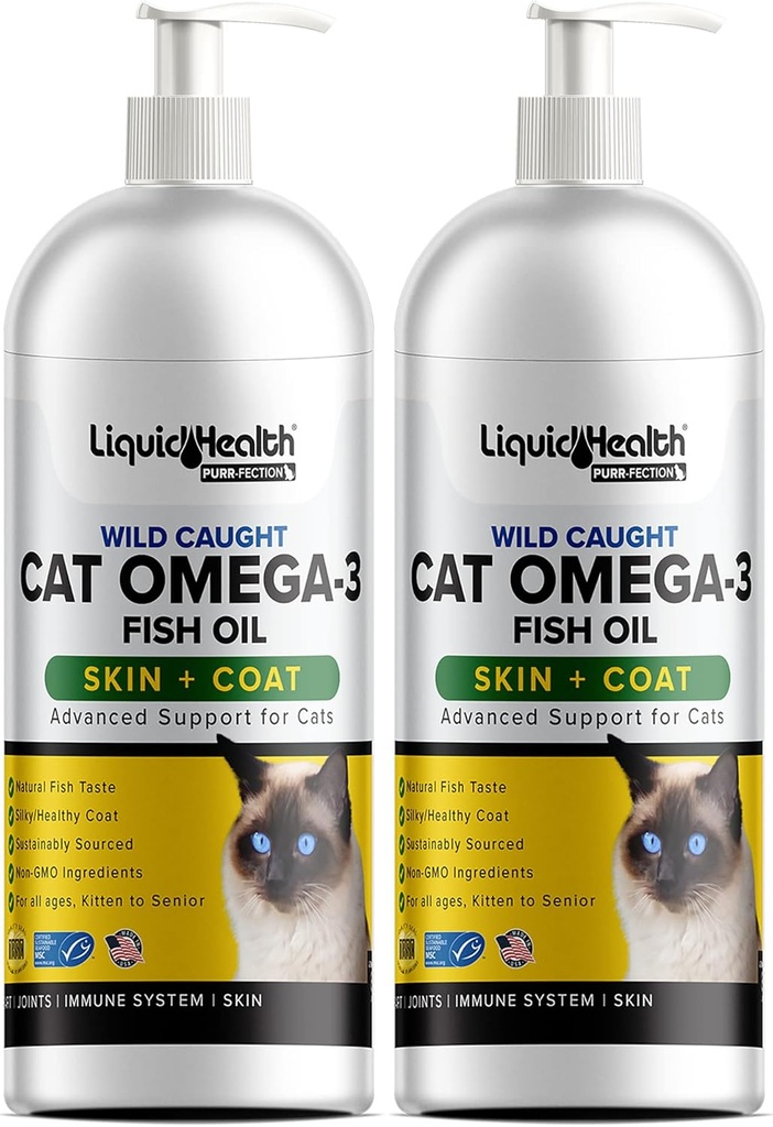 Liquid Health Pets Wild Caught Omega 3 Fish Oil for Cats - Liquid Omega 3 Suplement for Cats with EPA + DPA + DHA - Reduce Itching, Dukung Gabungan, Imunity, Heart Health - Made in the USA (2 Pack)