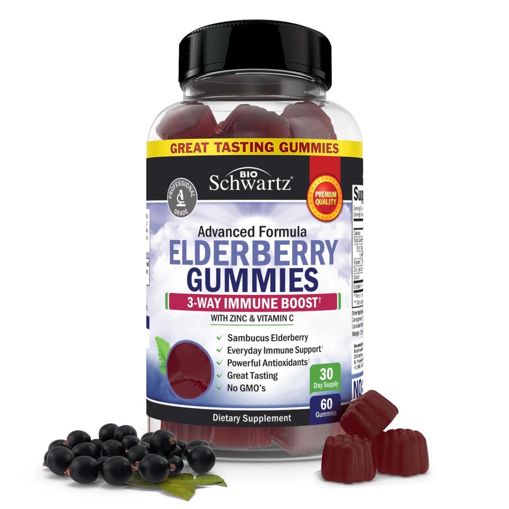 BioSchwartz Elderberry Gummies dengan Zinc dan Vitamin C - Dukungan Ammuniune Alam untuk Orang Dewasa & Anak - Sambucus Hitam Elderberry - Tiga puluh Partai Test, Non- GMO, Fegan Multimineral Suplemen, 60 Count