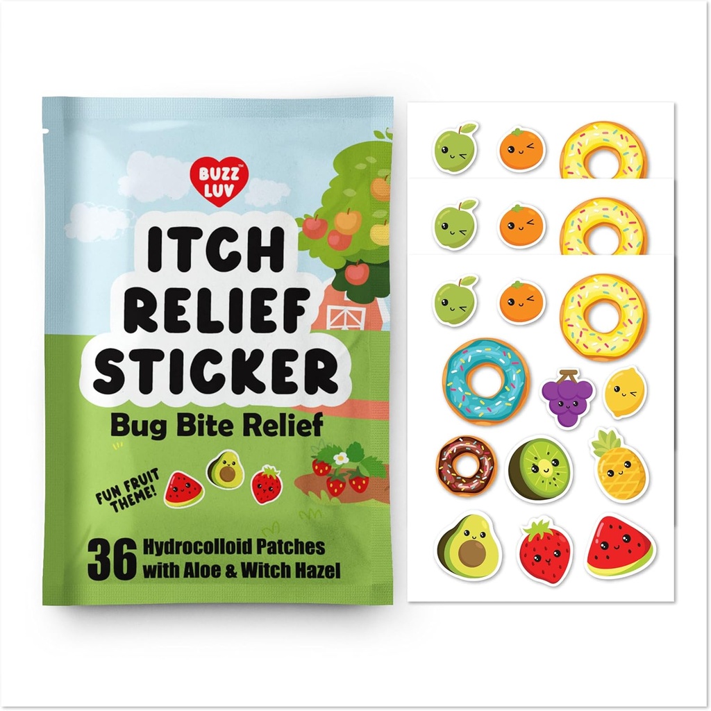 Hidrocolloid Itch Relief Patch, untuk Mosquitos, Ticks, Midges, Sandflies Bug Relief, Anti- Itch Patch dengan Aloe dan Witch Hazel, Insect Bite Relief, Kid-, Natural Fruit Theme