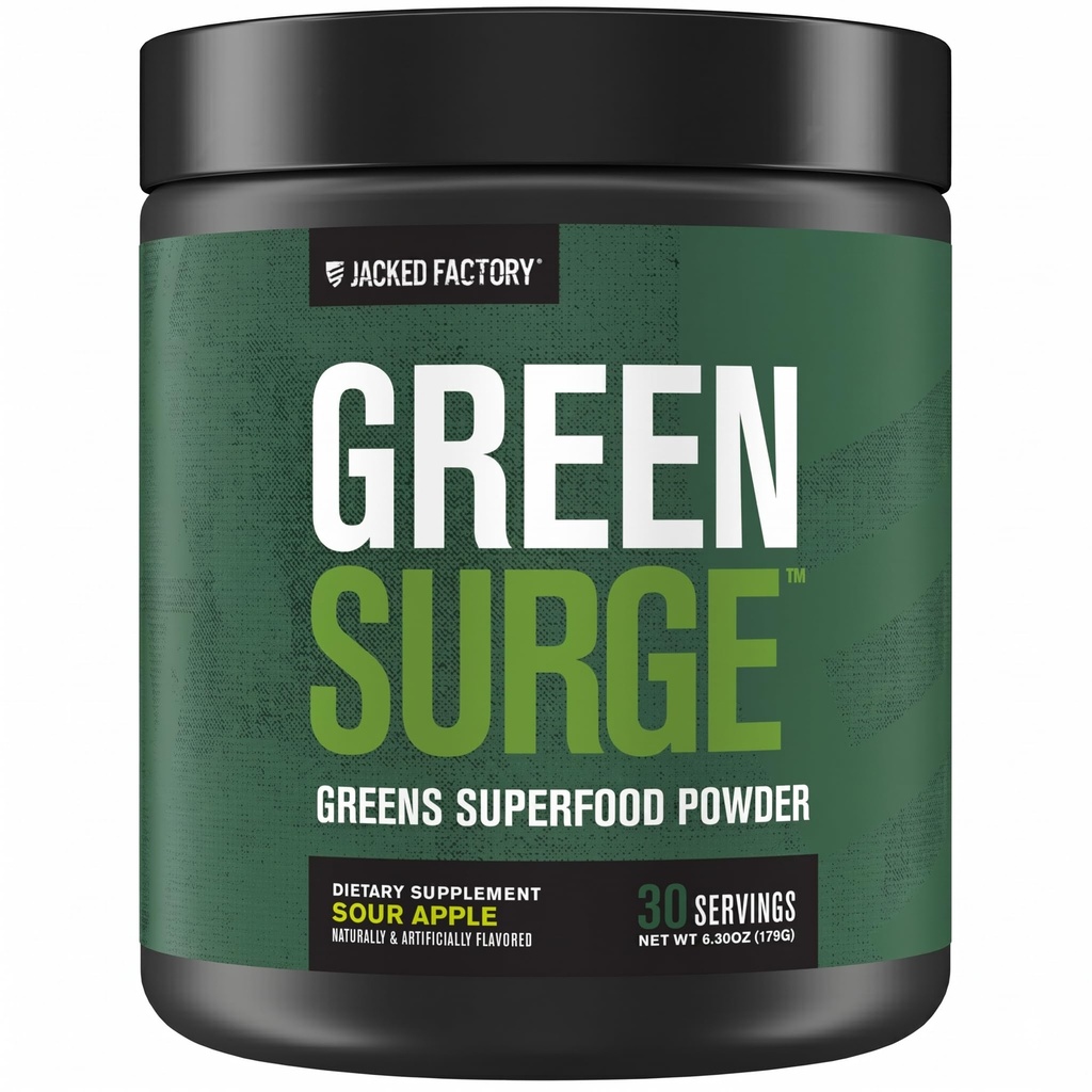 Jacked Factory Green Surge Green Superfood Powder-Keto Friendens Drinens Drink w / Spirulina, Wheat & Barley Grass, Organic Greens - Green Tea Extract, Progetic & Digetical Enzymes - Sour Apple