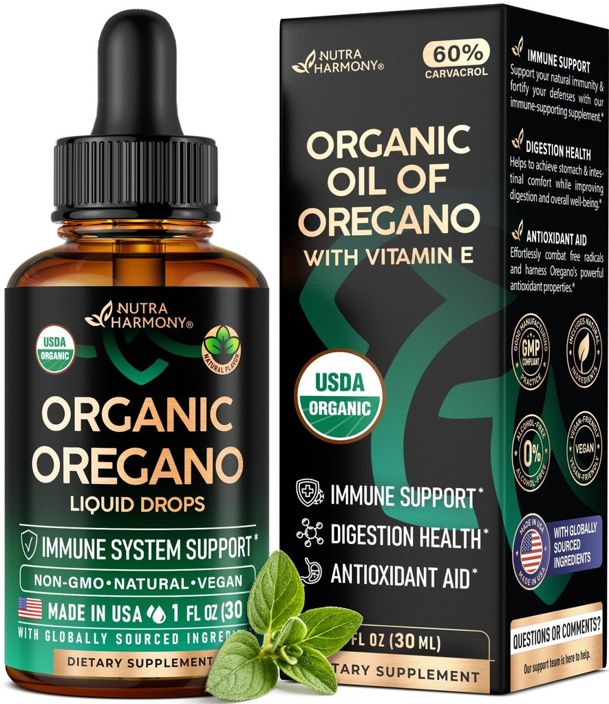 USDA Oil Organik Oregano - Liquid Drops with Vitamin E - Made in USA - Suplement for Ammune Support, Diffolent Health & Antioksidant - Non-GMO, Natural, Vegan - Seperti Pil, Kapsul, Softgels 1 oz