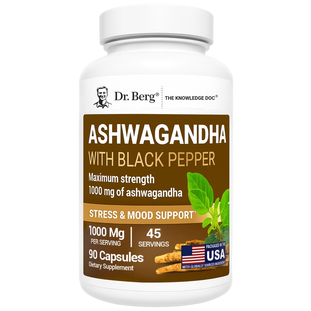 Dr. Berg Ashwagandha Capsules 1000mg - termasuk Akar Ashwagandha dengan Black Pepper dari Bioperin - Ashwagandha Suplemen 90 Kapsul