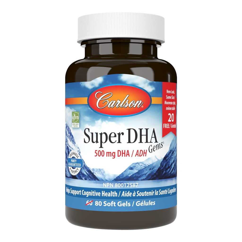 Carlson - Super DHA Gems, 500 mg DHA Suplemen, 640 mg Fatty Acids, Wild- Caught Norwegia Car Fish Oil Konsentrasi, Disediakan Nordic Fish Oil Capsules, 60 + 20 Softgels