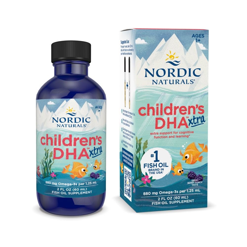 Nordic Comment 's DHA Xtra, Berry Punch - 2 oz for Kids - 880 mg Total Omega-3 dengan EPA & DHA - Kognitive & Imune Manction, Learning, Social Development - NON-GMO - 48