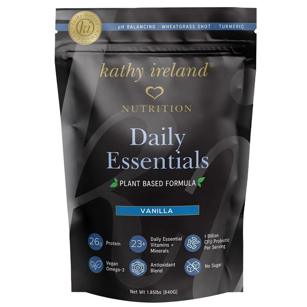 Kathy Ireland Plant- berbasis Vanila Protein Powder, 26g Protein, Lower-Carb Meal Replacement, Pea, Mung & Fava Bean Blend with Probile, Vitamin & Minemins, 1.85 Ibs