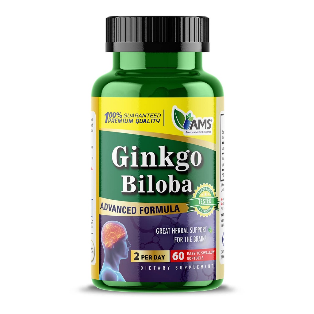 Amerika Medic & Science Ginkgo Biloba 60mg (60 Softgels) Alu4; Brain Booster Suplement for Men and Women 126; Mind Enhancer with Herbal Leaf Extract
