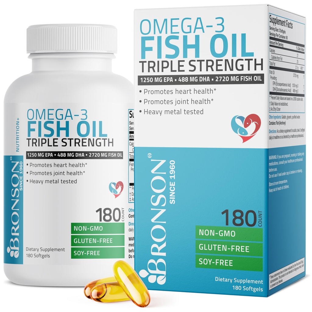 Bronson Omega 3 Minyak Ikan Triple Kekuatan 2720 mg, EPA Tinggi 1250 MG DHA 488 mg, Non-GMO Heavy Metal Test, 180 Softgels