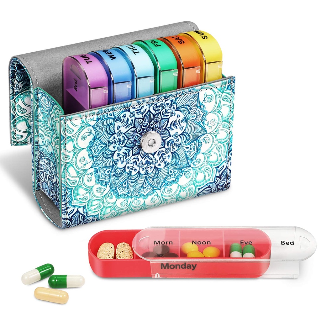 FINPAC Weekly Pill Organizer 4 Kali sehari, Slide Open PU Leather Case Pill Pill Reminn Vitamin Medicine dan Planner with Name Card for Morning 124; Afternoon 124; Evening 124; Bedtime (Emerald Illusions)
