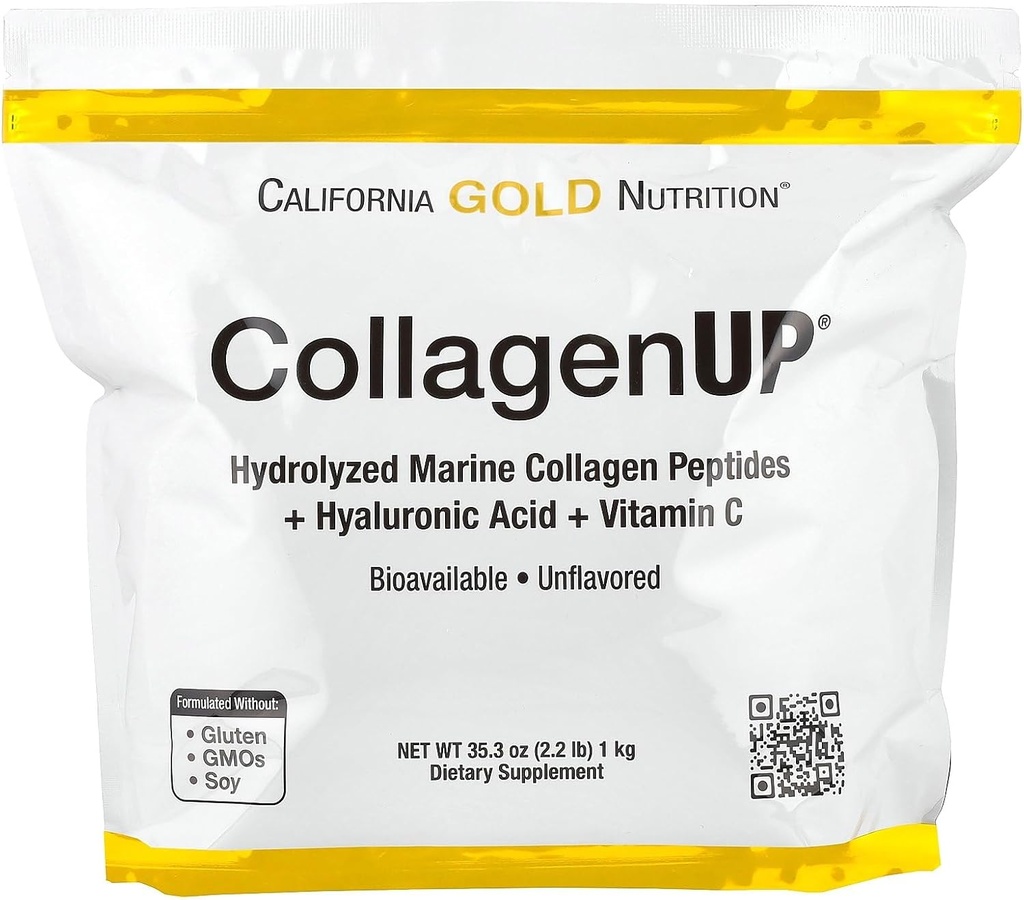 California Gold Nutrition CollagenUP ®, Kolagen Marinir Hydrolyzed Peptides dengan Acid Hyaluronic dan Vitamin C, Unflafeted, 2.2 lb (1 kg)