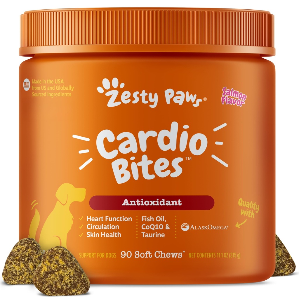 Zesty Paws Cardiovascular Dukungan untuk Dogs - Taurine for Dogs - dengan CoQ10, L Carnitine & Sea Buckthorn - Senior Heart Health - AlskOmega Fish Oil Omega 3